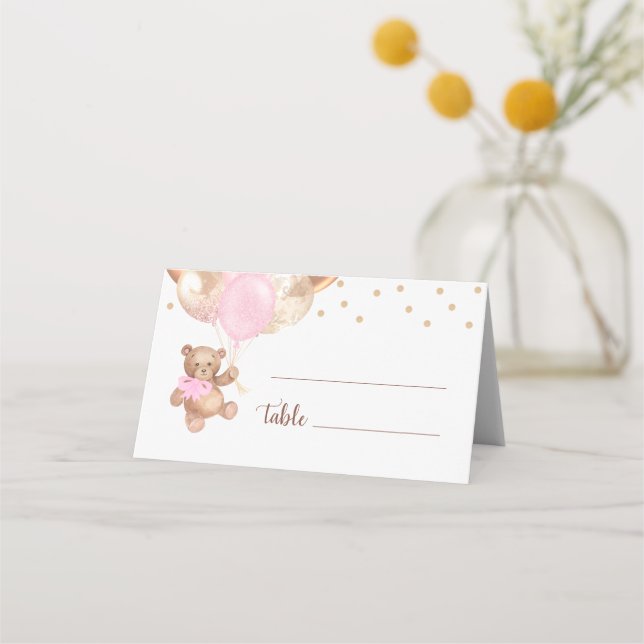 Tarjeta De Asiento Teddy Bear Rosa Globos de Oro Baby Shower (Anverso)