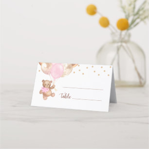 Tarjeta De Asiento Teddy Bear Rosa Globos de Oro Baby Shower