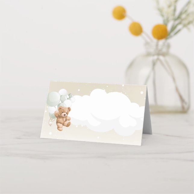 Tarjeta De Asiento Teddy Bear with Sage Balloons  Place Cards (Anverso)