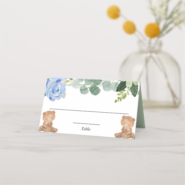 Tarjeta De Asiento Teddy tiene flores de vegetación azul gemela (Anverso)