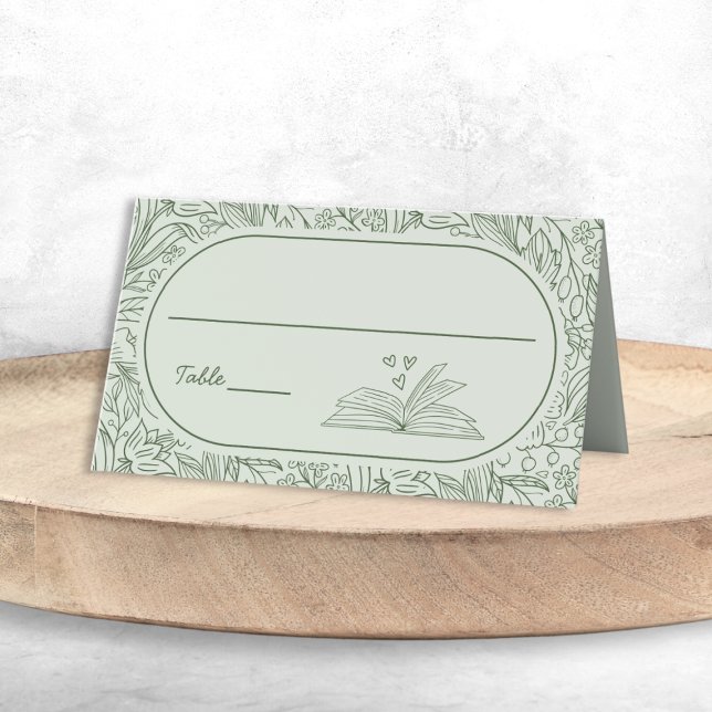 Tarjeta De Asiento Tema de libro floral salvia verde despedida de sol (Book Theme Floral Sage Green Bridal Shower Place Card)