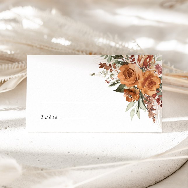 Tarjeta De Asiento Terracotta Boho Rose Floral Wedding Name (Terracotta boho floral wedding place card with watercolor roses, elegant table name card)
