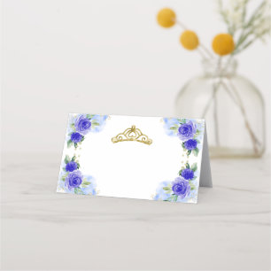 Tarjeta De Asiento Tiara Floral Azul Quinceañera