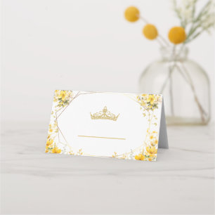 Tarjeta De Asiento Tiara Floral de Mariposa Amarillo Dorado Quinceañe