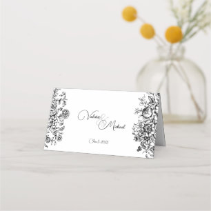 Tarjeta De Asiento Toque floral negro blanco Damask
