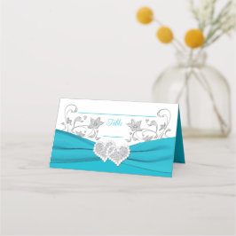 Tarjeta De Asiento Turquesa, blanco, Boda de los corazones de amor pl