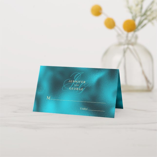 Tarjeta De Asiento Turquoise metallic monogram initials wedding (Anverso)