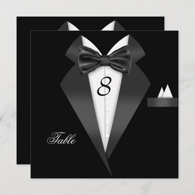 Tarjeta de asiento Tuxedo Black Table Number (Anverso / Reverso)