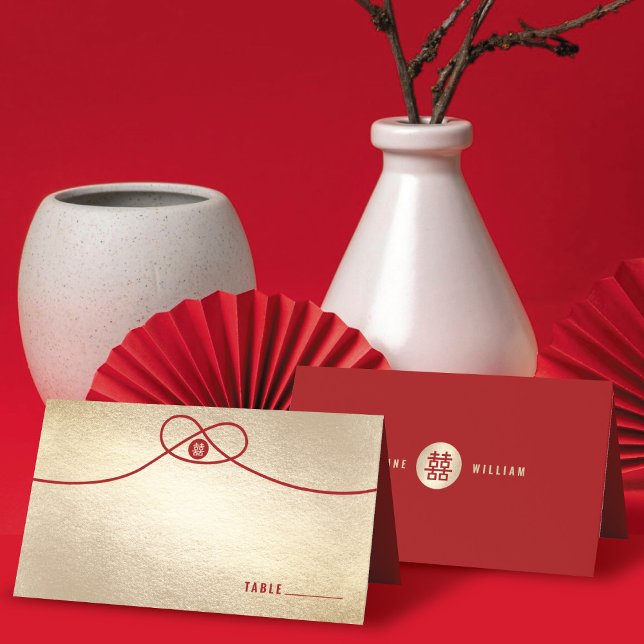 Tarjeta De Asiento Unión de nudos rojos doble felicidad Boda chino (Red/Gold Knot Union Double Happiness Modern Stylish Chinese Wedding Place Card @ fatfatin_red_knot)