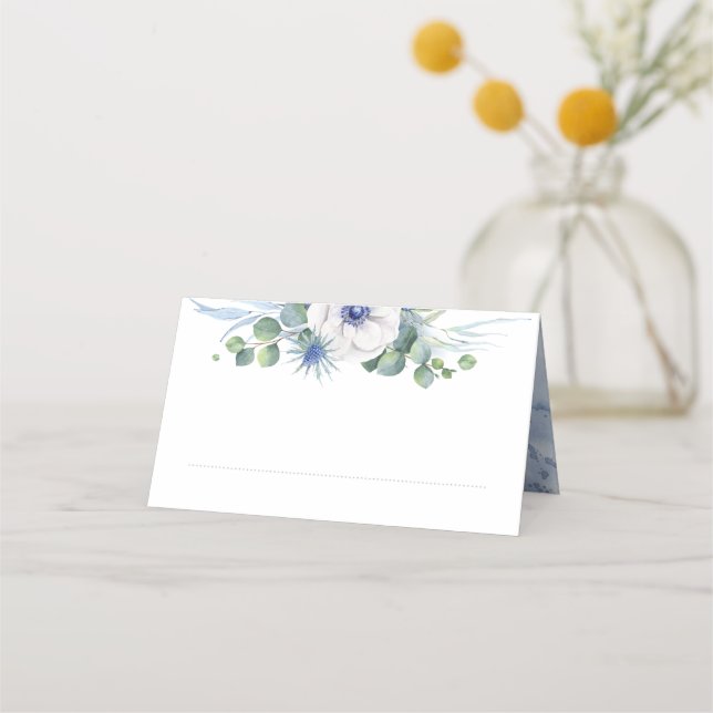Tarjeta De Asiento Vegetación floral Elegante Boda azul turbio (Anverso)