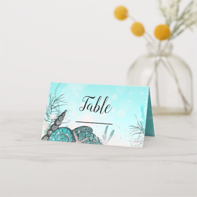 Tarjeta De Asiento Verde azulada Under the Sea Shells Beach Sweet 16  (Anverso)
