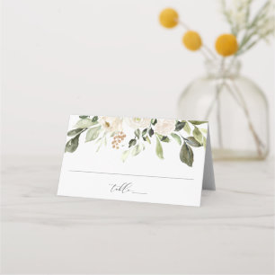 Tarjeta De Asiento Verde Follaje Floral Acuarela Blanca para Boda