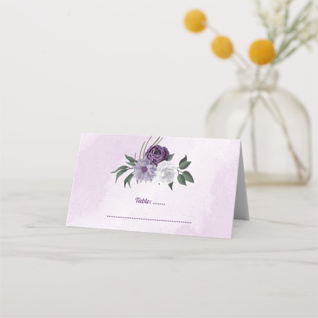 Tarjeta De Asiento Verde romántico morado y blanco floral (Anverso)