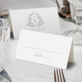 Tarjeta De Asiento Verde Salvia Monograma Floral Cresta Boda Elegante