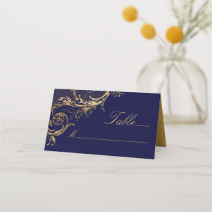 Tarjeta De Asiento Vintage Navy Blue Gold Floral Damask Wedding