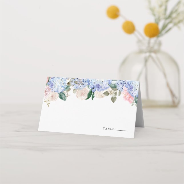 Tarjeta De Asiento Watercolor Blue Hydrangea and Pink Roses Floral (Anverso)