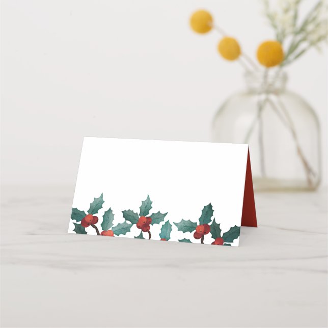 Tarjeta De Asiento Watercolor Holly Berry Foliage | Vacaciones (Anverso)