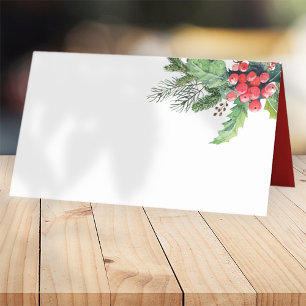 Tarjeta De Asiento Watercolor Holly con Pino y Berry   Vacaciones