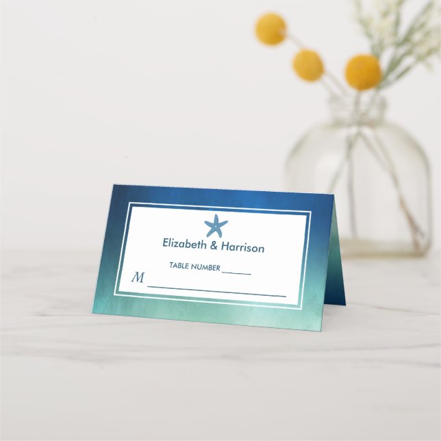 Tarjeta De Asiento Watercolor Ocean Starfish Beach Wedding (Anverso)