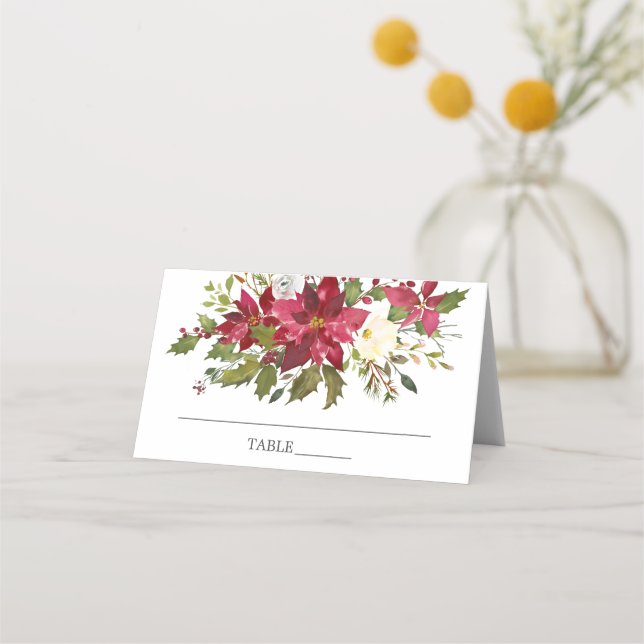 Tarjeta De Asiento Watercolor Red Poinsettia Holly Bridal Shower (Anverso)