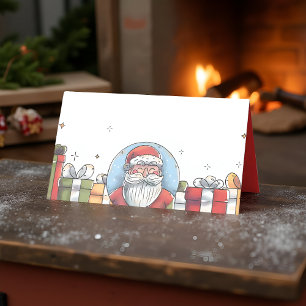 Tarjeta De Asiento Watercolor Santa Claus y regalos de Navidades