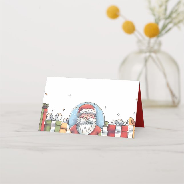 Tarjeta De Asiento Watercolor Santa Claus y regalos de Navidades (Anverso)