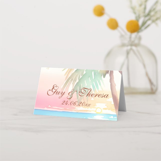 Tarjeta De Asiento Watercolor Tropical Beach Wedding (Anverso)