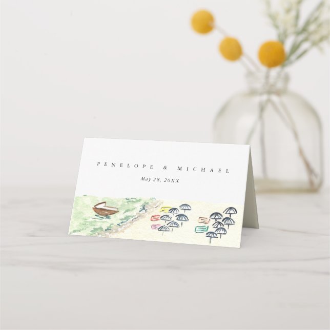 Tarjeta De Asiento Watercolor Tropical Beach Wedding Doblado (Reverso)