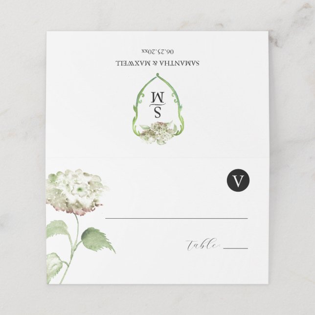 Tarjeta De Asiento Wedding Monogram Hydrangea Escort Cards (Exterior desplegado)