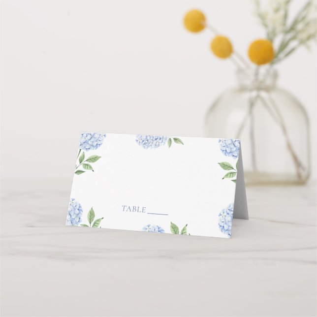 Tarjeta De Asiento Wedding Place Cards, Blue Hydrangea Border Classic (Anverso)