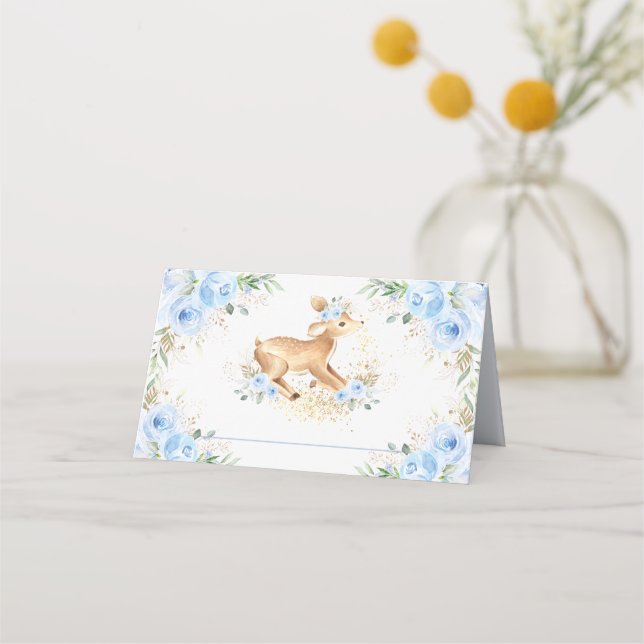 Tarjeta De Asiento Whimsical Sweet Deer Blue Floral Baby Shower (Anverso)