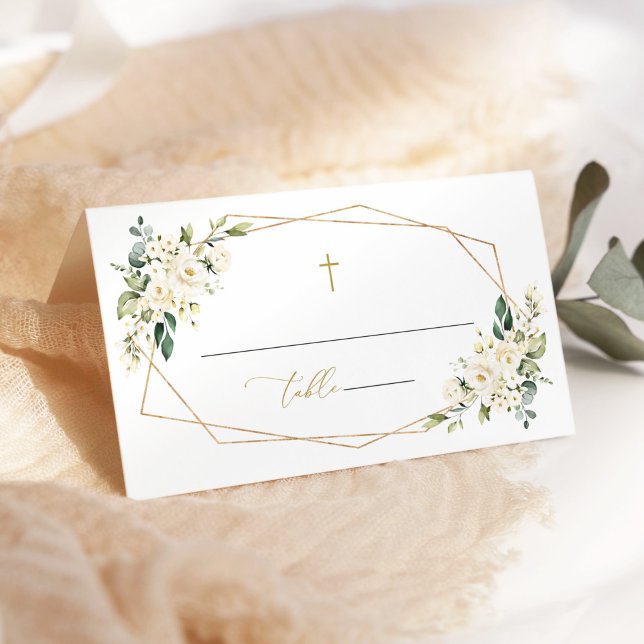 Tarjeta De Asiento White Flowers, Cream Flowers, Greenery, Baptism (Subido por el creador)
