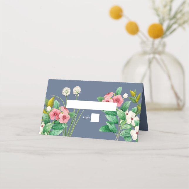 Tarjeta De Asiento Wildflowers Periwinkle Dusty Blue Boda (Anverso)
