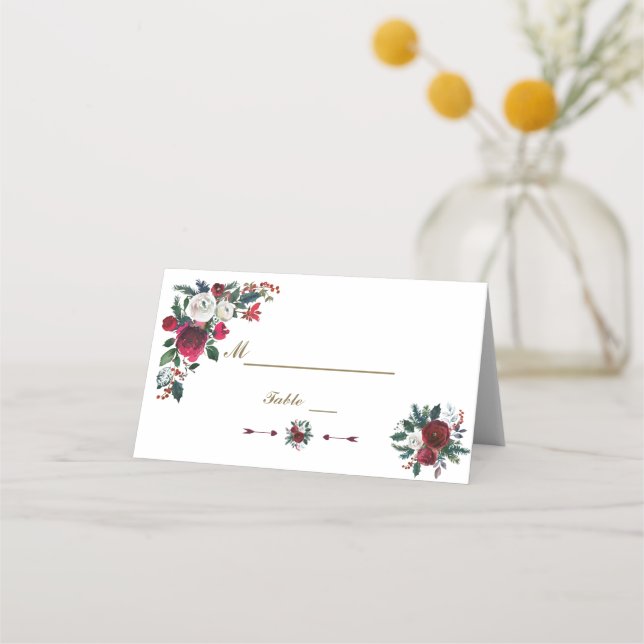 Tarjeta De Asiento Winter Burgundy Floral Pine Boda Número de tabla (Anverso)