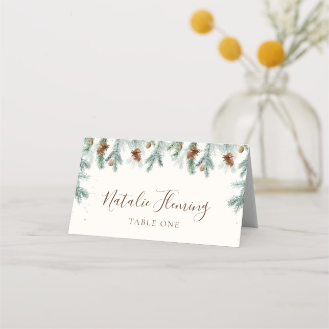Tarjeta De Asiento Winter Greenery Pine Branches Cones Boda (Reverso)
