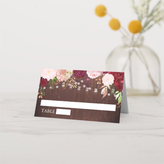 Tarjeta De Asiento Wood Mason Jar Burgundy Table Number Boda (Anverso)
