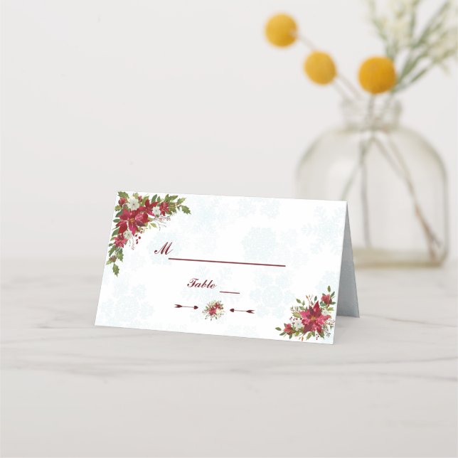 Tarjeta De Asiento Xmas Snowflakes Poinsettia Boda Número de tabla (Anverso)