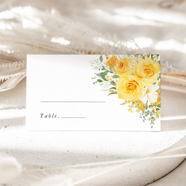 Tarjeta De Asiento Yellow Floral Rose Wedding Name Place Card (Yellow rose wedding place card, watercolor floral escort card, elegant romantic reception name card)
