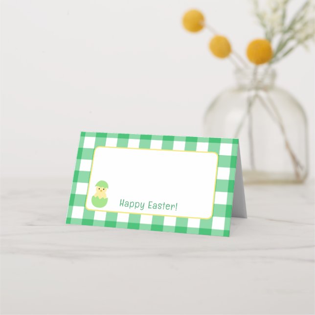 Tarjeta De Asiento Yellow Happy Spring Chick Easter B Green Check (Anverso)