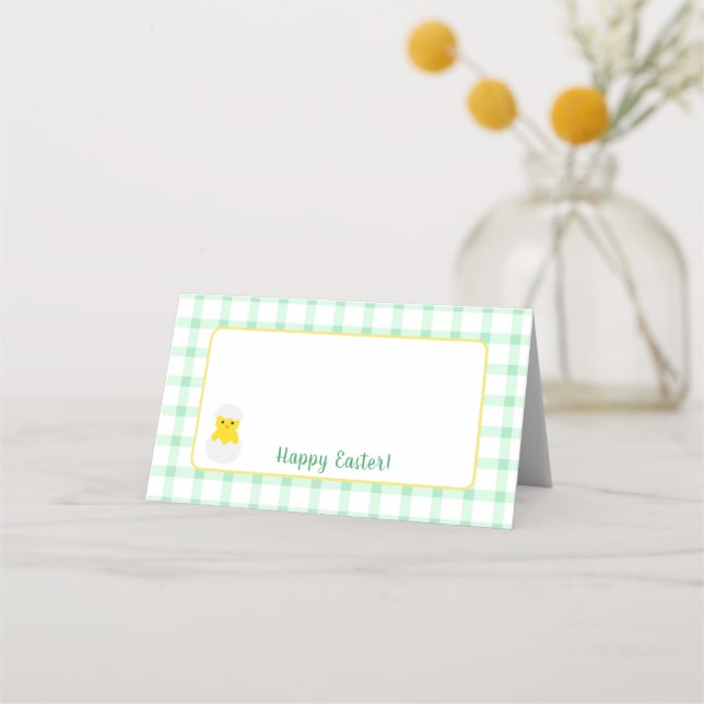 Tarjeta De Asiento Yellow Happy Spring Chick Easter Green Check (Anverso)