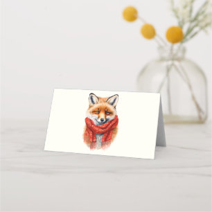 Tarjeta De Asiento Zorro lindo con una bufanda roja Imagen de otoño