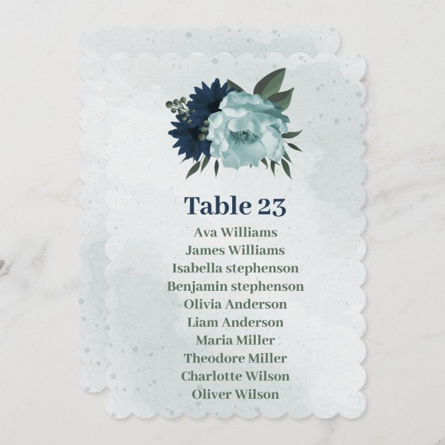 Tarjeta de asientos de flores azules polvorientas  (Anverso / Reverso)