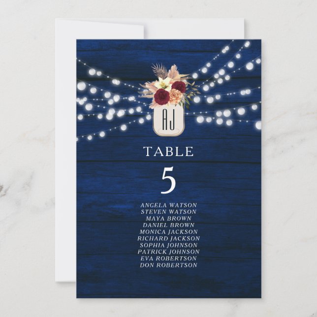 Tarjeta de Asientos de Luces de Cuerda Navy Rústic (Anverso)