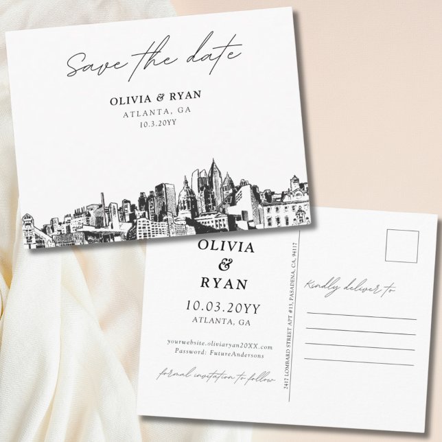 Tarjeta de Atlanta para Guardar la Fecha de Boda E (Atlanta Save the Date Postcard Elegant Wedding)