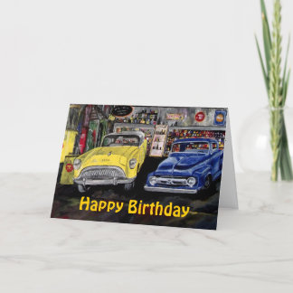 Tarjeta de auto clásico de cumpleaños feliz