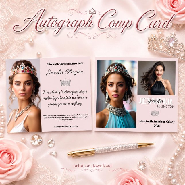 Tarjeta de autógrafo Comp esencial de concurso de  (Dazzle them with a beautiful blush pink autograph comp card for pageant contestants and titleholders)
