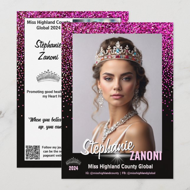 Tarjeta de autógrafo de certamen de brillo rosa |  (Anverso / Reverso)