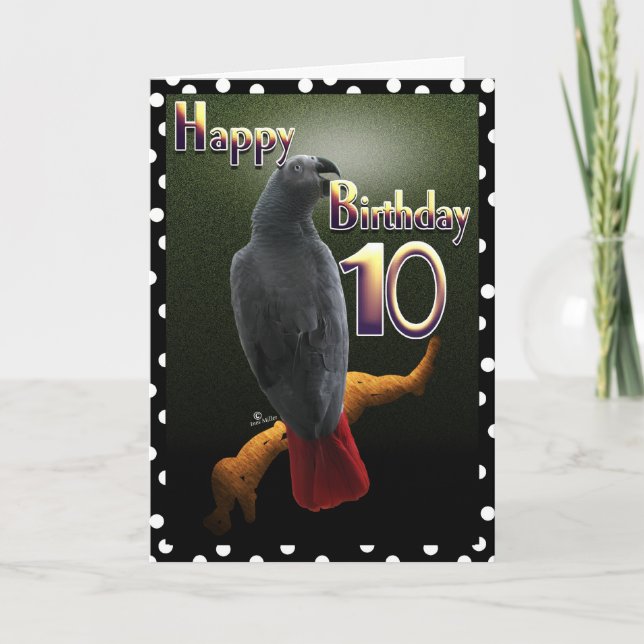 Tarjeta de ave Parrot African Grey Happy 10 Birthd (Anverso)
