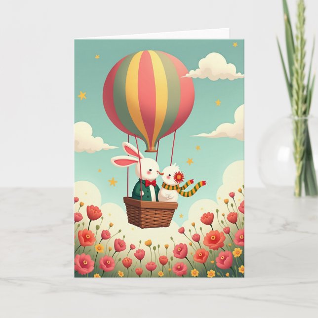 Tarjeta de aventura de amigos en globo aerostático (Anverso)