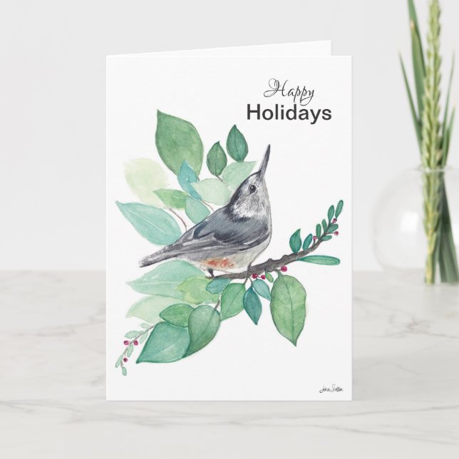 Tarjeta de Aves de Nuthatch de Happy Holidays (Anverso)